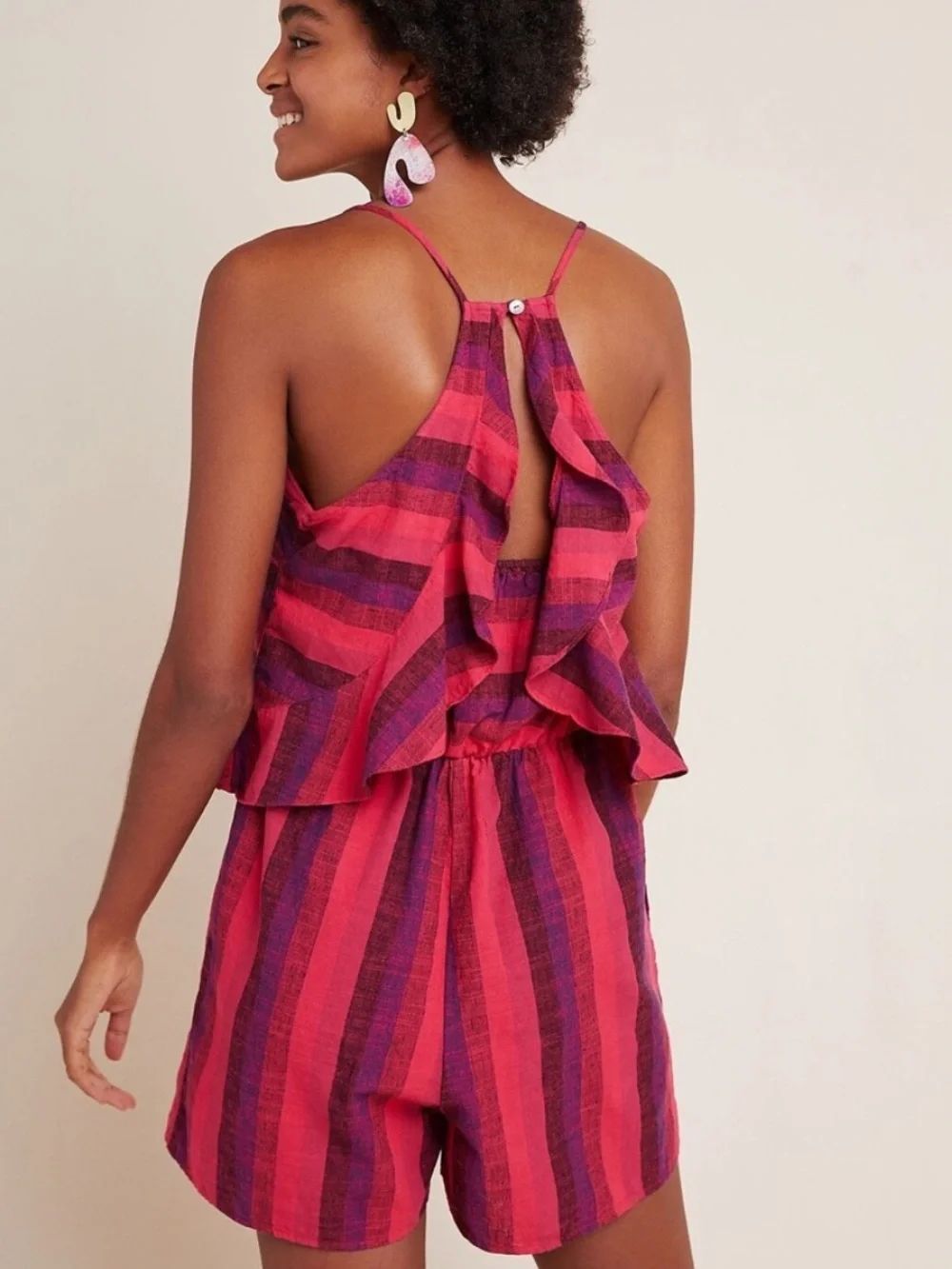 NEW Anthropologie Amadi Amelia Linen Blend Striped Romper Women’s Large